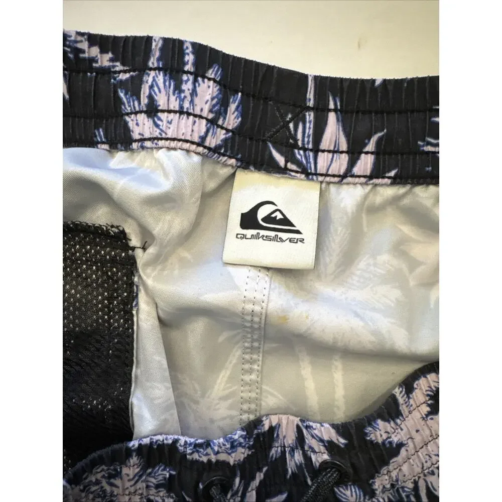 Quicksilver Swimsuit Men’s XXL Black With Lavender Palms Elastic Waist Pockets